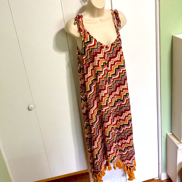 Tribal African Fringe Tassel Sun Maxi Coverup Dress Red Green Yellow Gold Medium - Picture 2 of 15